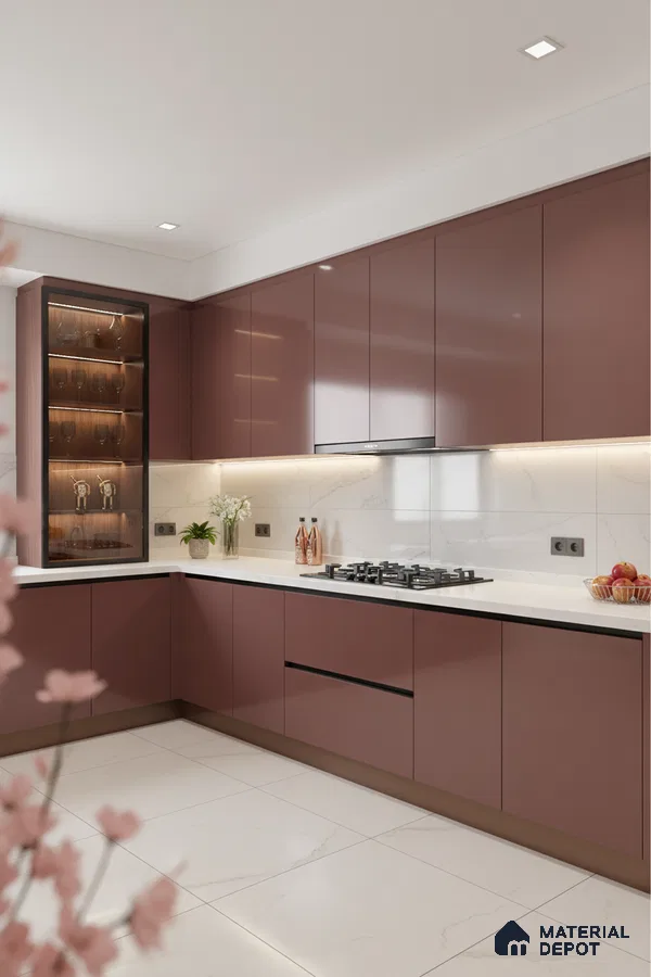 Modern kitchen with mauve high gloss laminate cabinets and white marble-look quartz countertop in Bengaluru