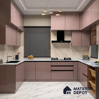 Modern kitchen with mauve high gloss laminate cabinets, marble-look backsplash, and white marble floor tiles in Bengaluru | Material Depot