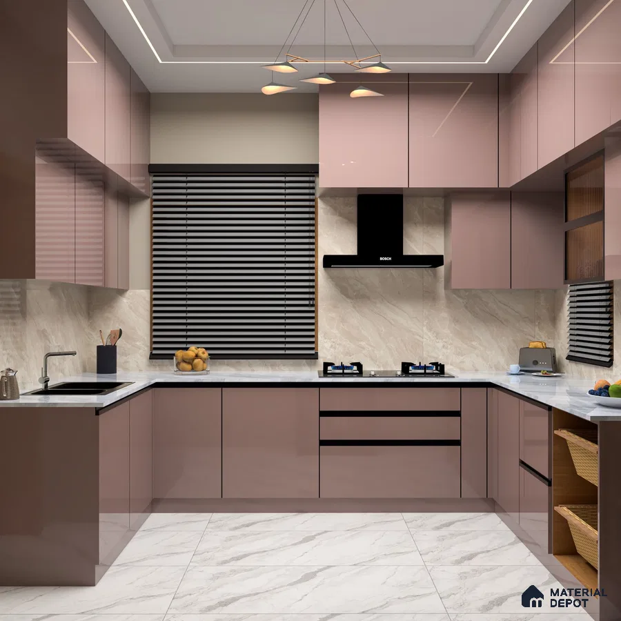 Modern kitchen with mauve high gloss laminate cabinets, marble-look backsplash, and white marble floor tiles in Bengaluru | Material Depot
