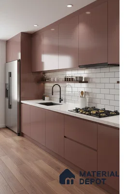 Modern kitchen with mauve high gloss laminate cabinets, white quartz countertop, and subway tile backsplash in Bengaluru