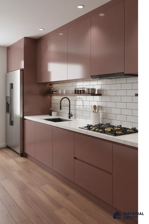 Modern kitchen with mauve high gloss laminate cabinets, white quartz countertop, and subway tile backsplash in Bengaluru
