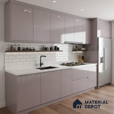 Modern kitchen with mauve high gloss laminate, white marble-look quartz countertop, and subway tile backsplash in Bengaluru