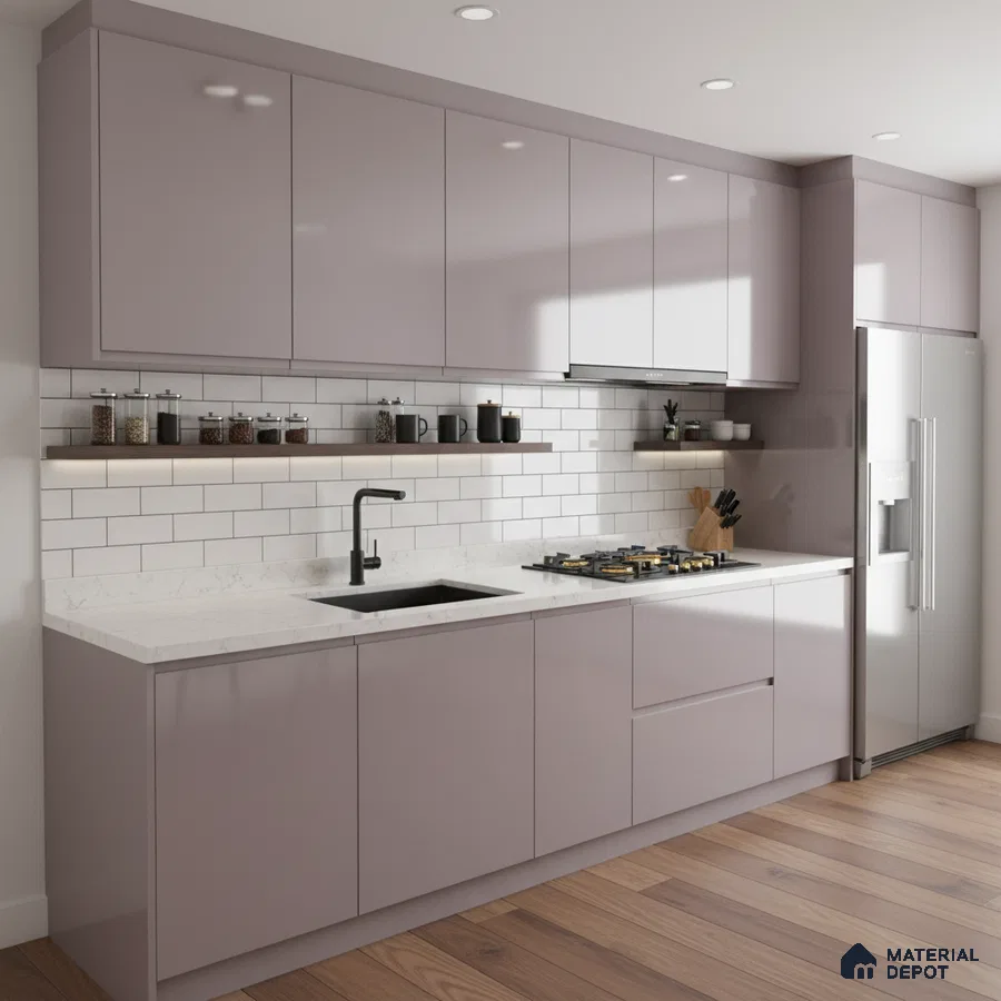 Modern kitchen with mauve high gloss laminate, white marble-look quartz countertop, and subway tile backsplash in Bengaluru