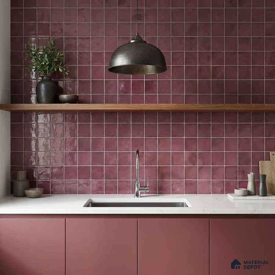 Modern kitchen with mauve square wall tiles, matte mauve laminate cabinets, and white quartz countertop