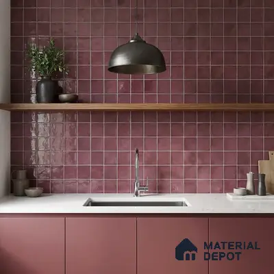 Modern kitchen with mauve square wall tiles, matte mauve laminate cabinets, and white quartz countertop