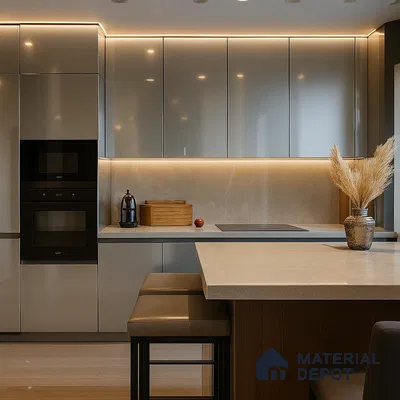 Matte Green Modular Kitchen with Handleless Cabinets and Black Countertop | Material Depot