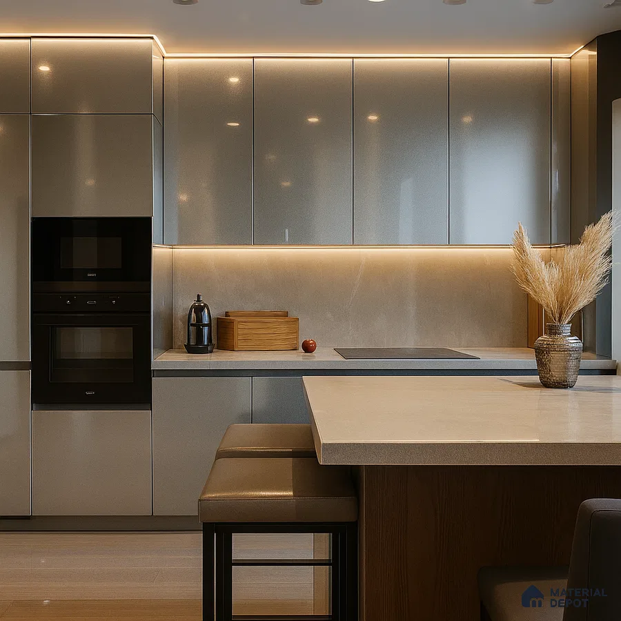 Matte Green Modular Kitchen with Handleless Cabinets and Black Countertop | Material Depot
