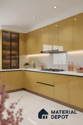 Modern kitchen with mustard yellow high gloss laminate, white quartz countertop, and marble-look floor tile in Bengaluru