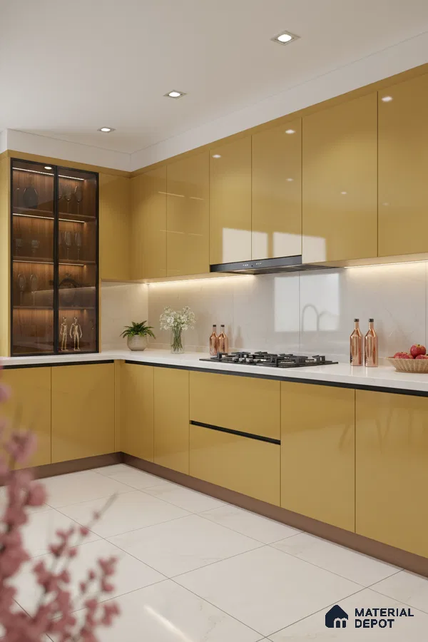 Modern kitchen with mustard yellow high gloss laminate, white quartz countertop, and marble-look floor tile in Bengaluru