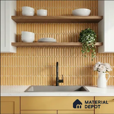 Modern kitchen with mustard yellow kitkat backsplash tile, white quartz countertop, and wooden open shelves