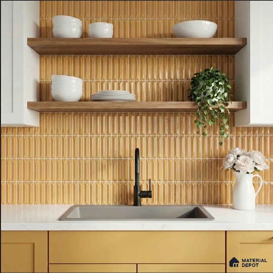 Modern kitchen with mustard yellow kitkat backsplash tile, white quartz countertop, and wooden open shelves
