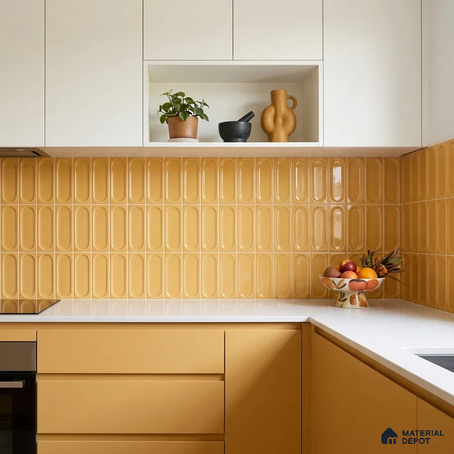Modern kitchen with mustard yellow laminate, glossy mustard elongated subway backsplash tile, and white quartz countertop