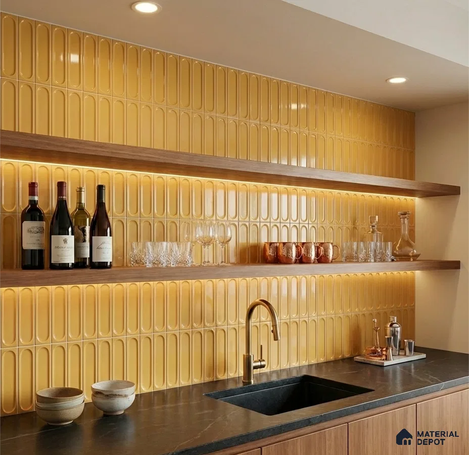 Modern kitchen with mustard yellow popsicle wall tiles and black marble countertop