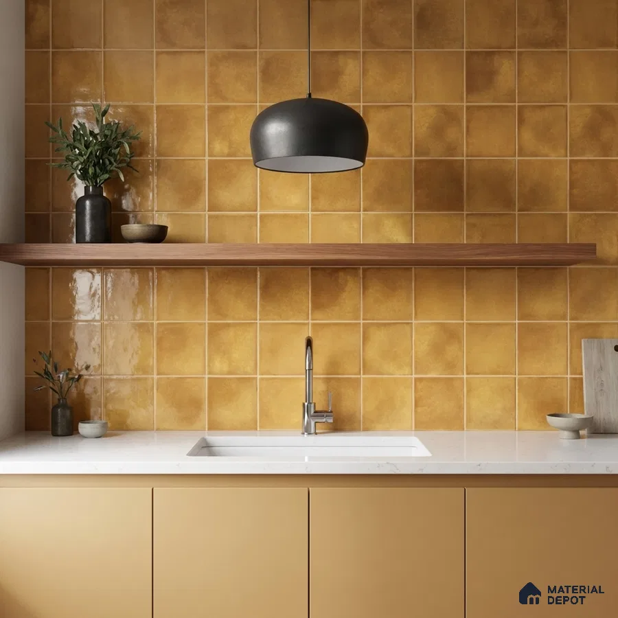 Modern kitchen with mustard yellow square wall tiles and matte beige laminate cabinets