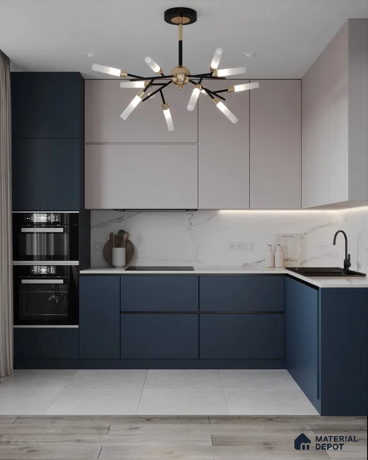 Modern kitchen with navy blue and frosty white laminate, marble-look backsplash, and white quartz countertop in Bengaluru | Material Depot