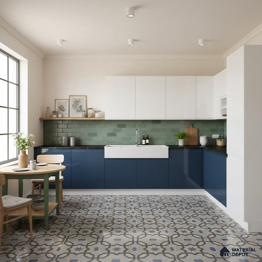Modern kitchen with navy blue and white laminate, green subway tile backsplash, and patterned moroccan floor tiles in Bengaluru