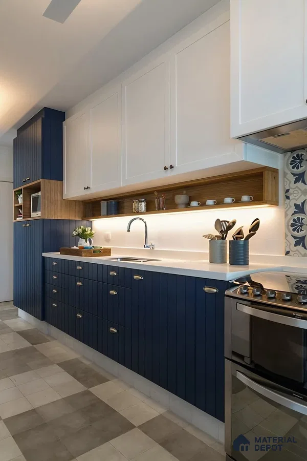 Modern kitchen with navy blue fluted laminate, white solid laminate, and white quartz countertop in Bengaluru | Material Depot
