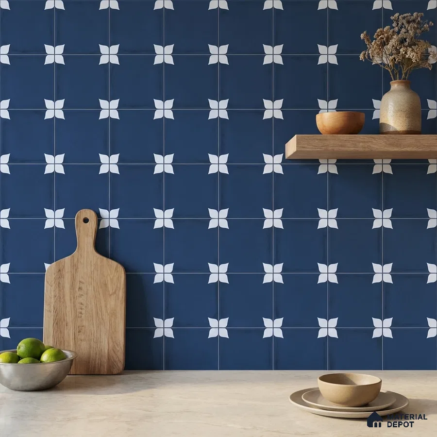 Modern kitchen with navy blue geometric patterned wall tiles and light beige quartz countertop