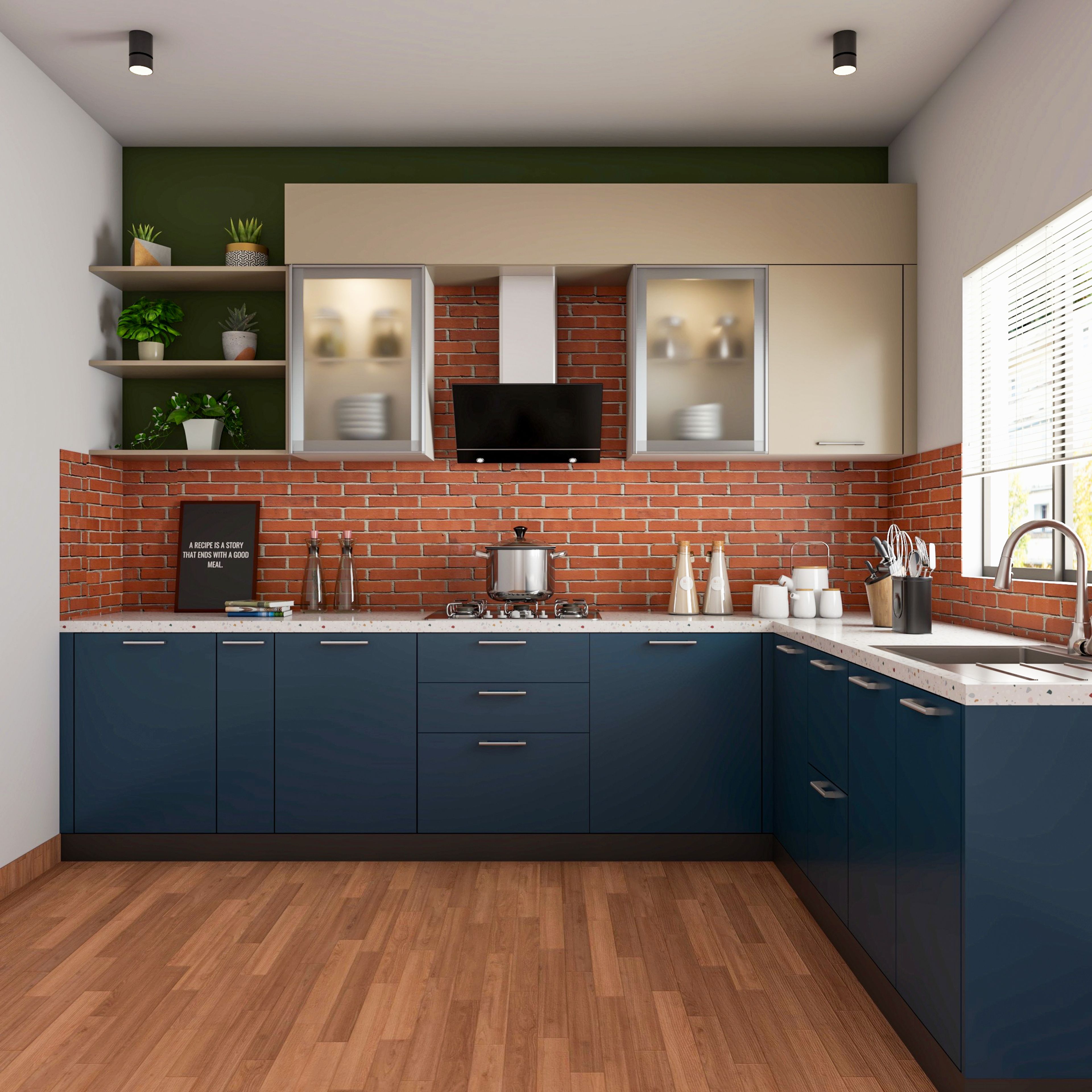 Modern kitchen with navy blue laminate, brick look backsplash tile, and wooden flooring in Bengaluru | Material Depot