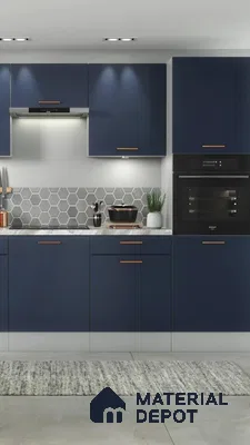 Modern kitchen with navy blue laminate cabinets, grey hexagonal backsplash tiles, and marble countertop in Bengaluru | Material Depot