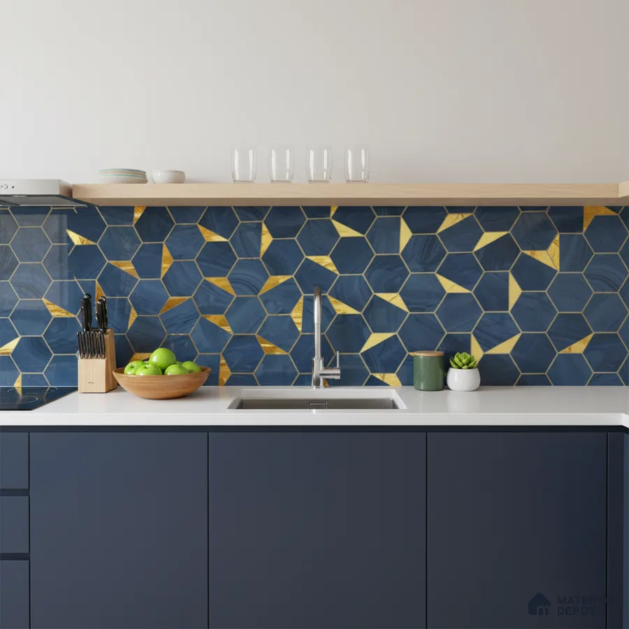 Modern kitchen with navy blue laminate cabinets, white quartz countertop, and blue-gold geometric hexagonal backsplash tiles