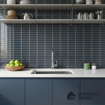 Modern kitchen with navy blue laminate cabinets, white quartz countertop, and dark blue kitkat subway backsplash tiles