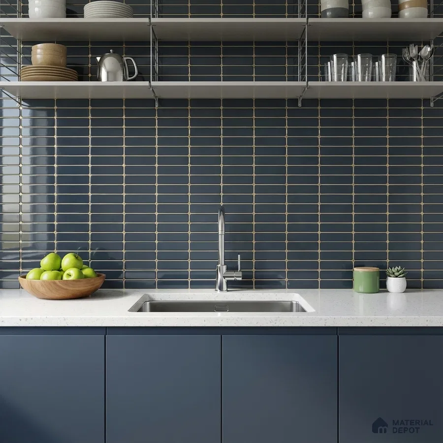 Modern kitchen with navy blue laminate cabinets, white quartz countertop, and dark blue kitkat subway backsplash tiles