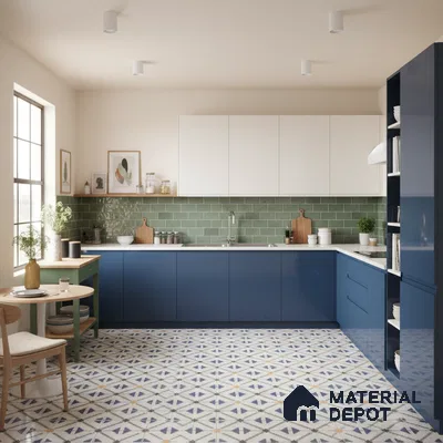 Modern kitchen with navy blue laminate, sage green subway tile backsplash, and geometric patterned floor tiles in Bengaluru
