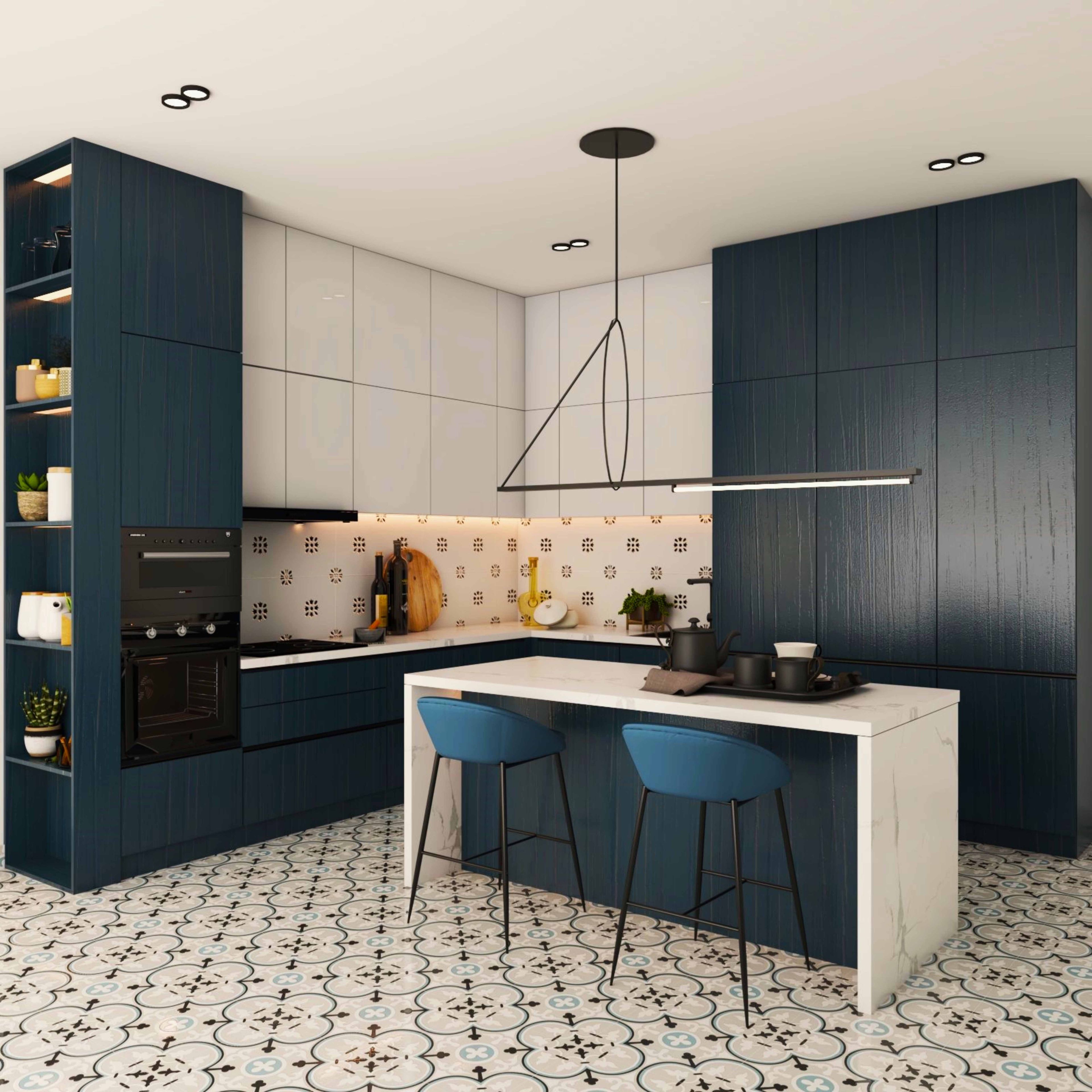 Modern kitchen with navy blue wood grain laminate, white solid laminate, patterned backsplash tile, and geometric floor tiles in Bengaluru | Material Depot