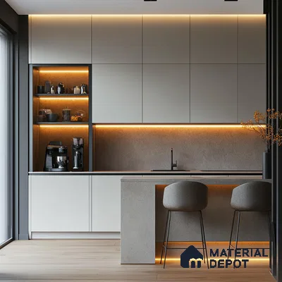 Modern Kitchen with Neutral Tones and Elegant Lighting | Material Depot