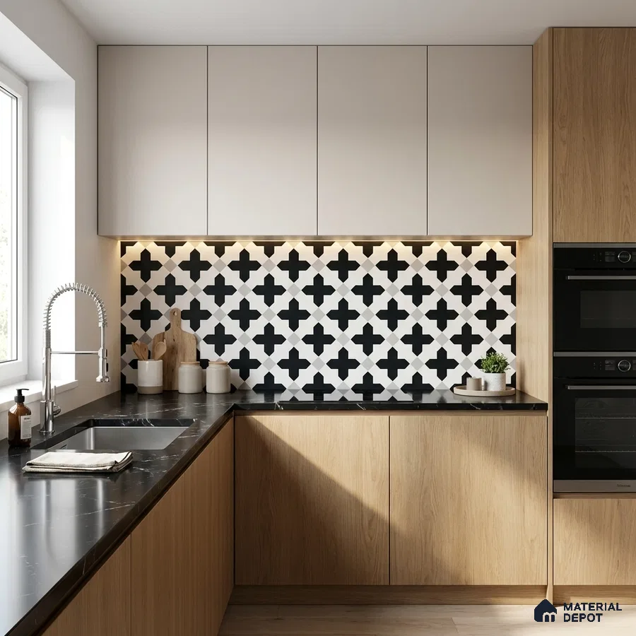 Modern kitchen with oak wood laminate, black marble countertop, and geometric black-and-white backsplash tile