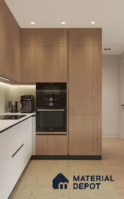 Modern kitchen with oak wood laminate cabinets, terrazzo backsplash, and terrazzo floor tile in Bengaluru | Material Depot