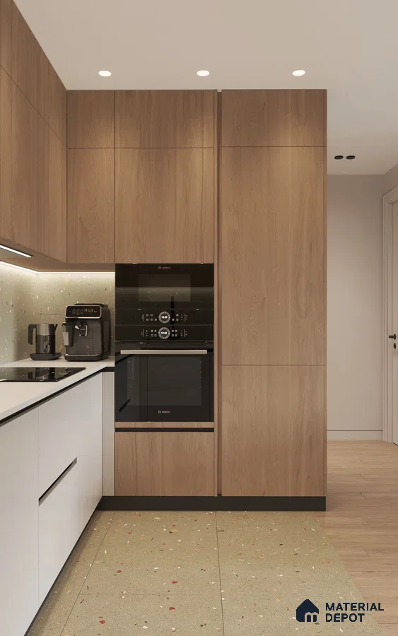 Modern kitchen with oak wood laminate cabinets, terrazzo backsplash, and terrazzo floor tile in Bengaluru | Material Depot