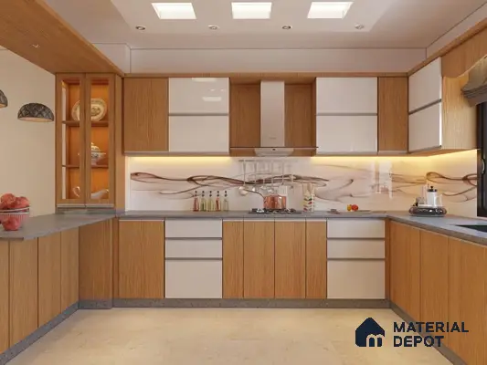 Modern kitchen with oak wood laminate, frosty white laminate, and abstract glass backsplash in Bengaluru | Material Depot