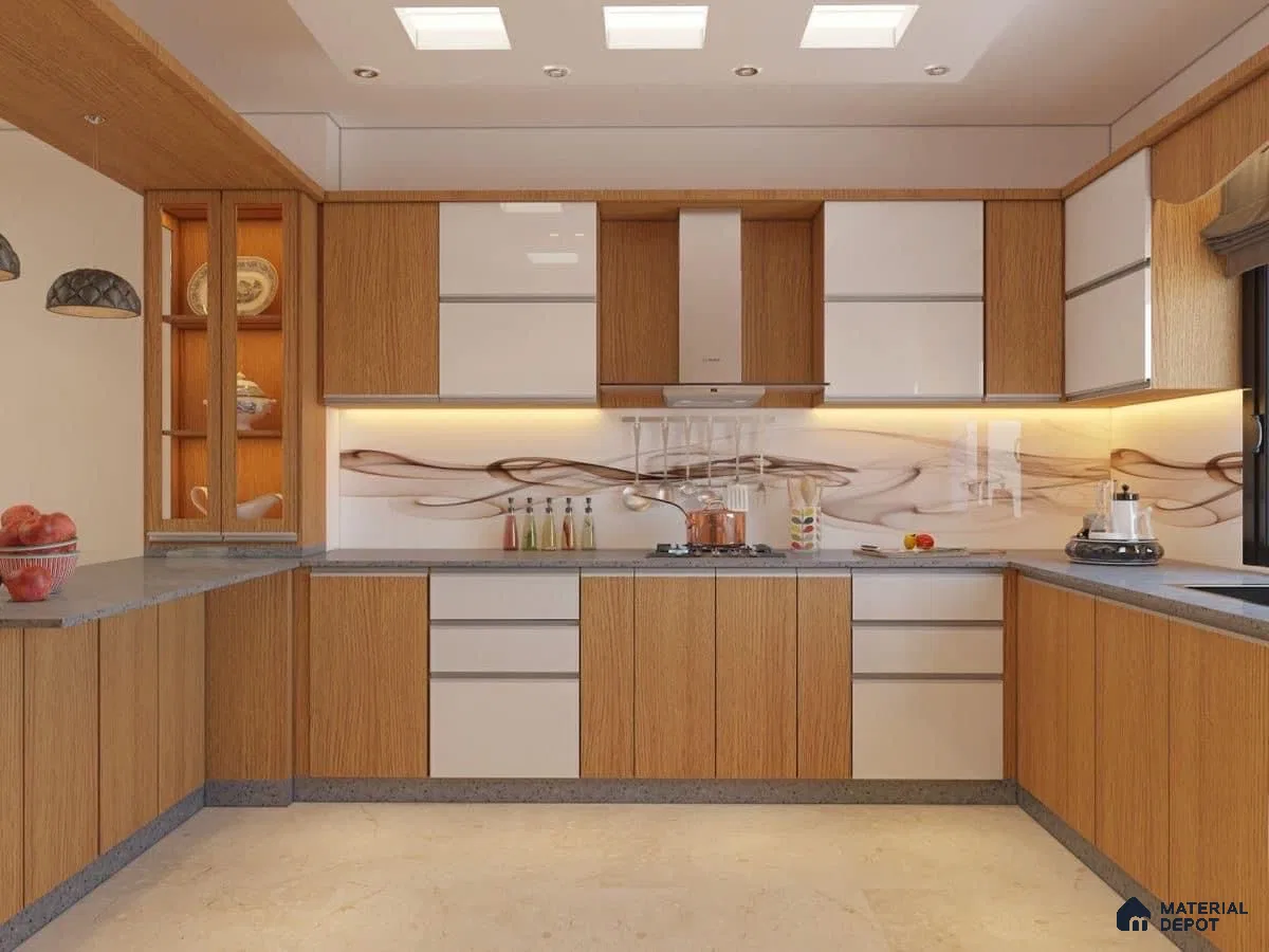 Modern kitchen with oak wood laminate, frosty white laminate, and abstract glass backsplash in Bengaluru | Material Depot