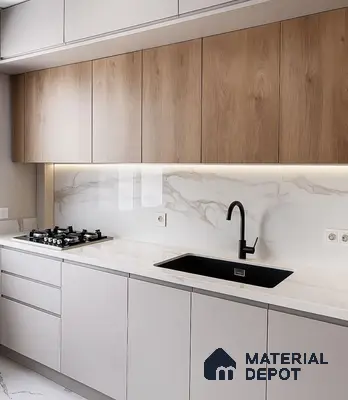 Modern kitchen with oak wood laminate, frosty white laminate, and marble-look backsplash in Bengaluru | Material Depot