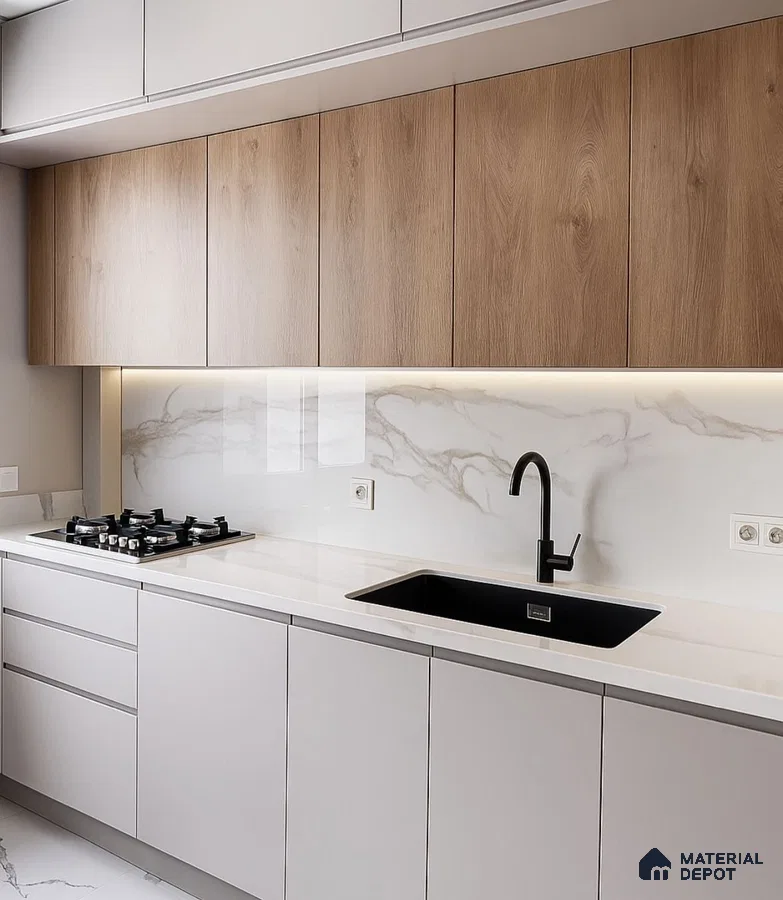Modern kitchen with oak wood laminate, frosty white laminate, and marble-look backsplash in Bengaluru | Material Depot