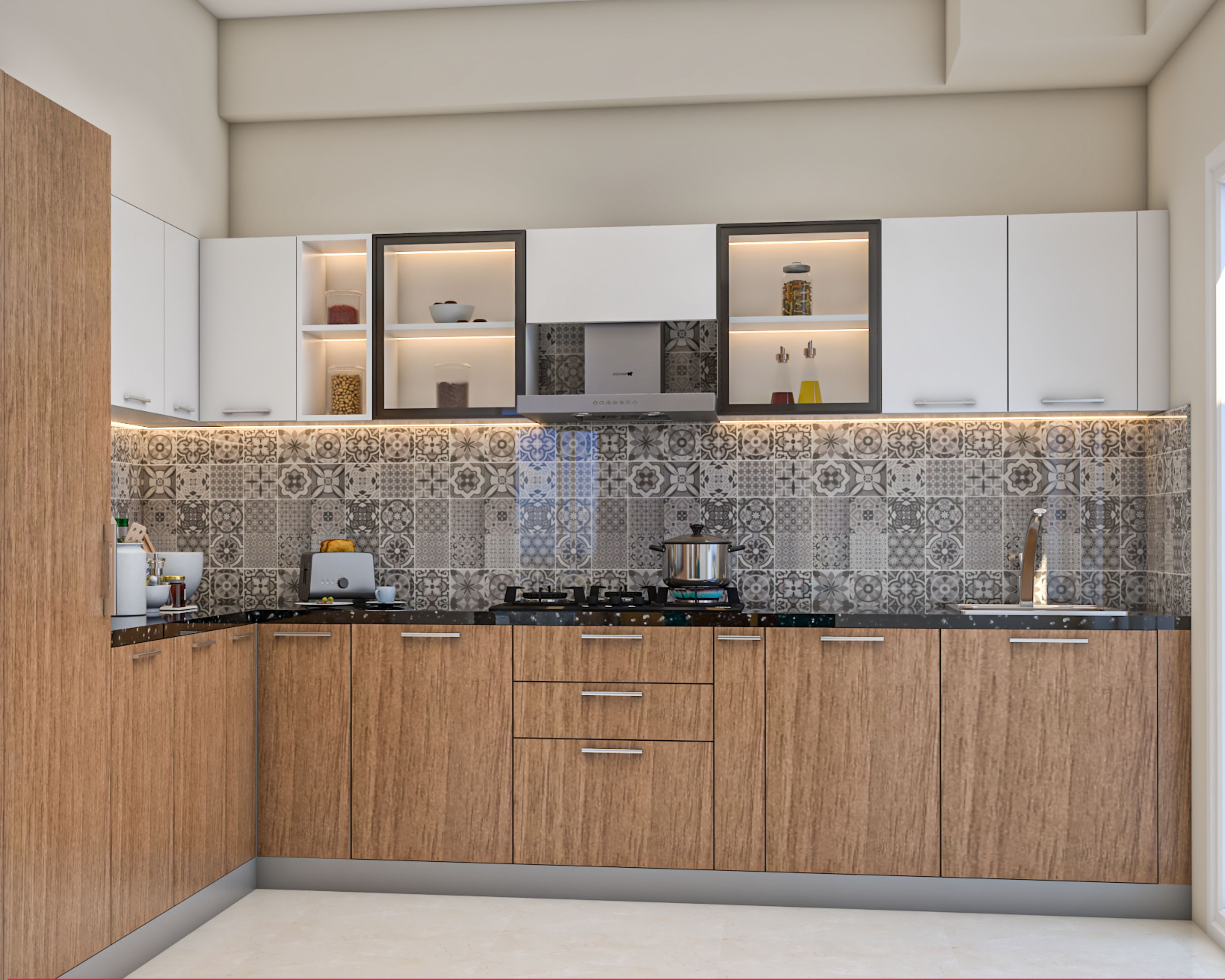 Modern kitchen with oak wood laminate, frosty white laminate, and patterned grey backsplash tiles in Bengaluru | Material Depot