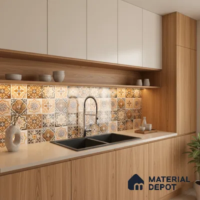 Modern kitchen with oak wood laminate, frosty white laminate, and patterned moroccan backsplash tiles in Bengaluru