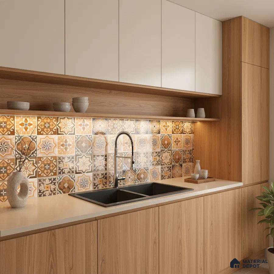 Modern kitchen with oak wood laminate, frosty white laminate, and patterned moroccan backsplash tiles in Bengaluru