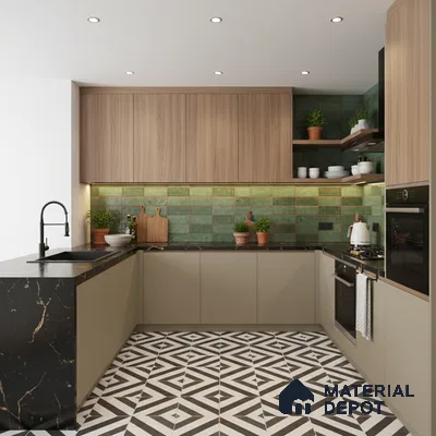 Modern kitchen with oak wood laminate, green subway backsplash tile, and black marble countertop in Bengaluru