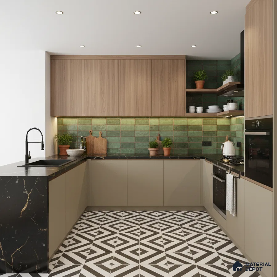 Modern kitchen with oak wood laminate, green subway backsplash tile, and black marble countertop in Bengaluru