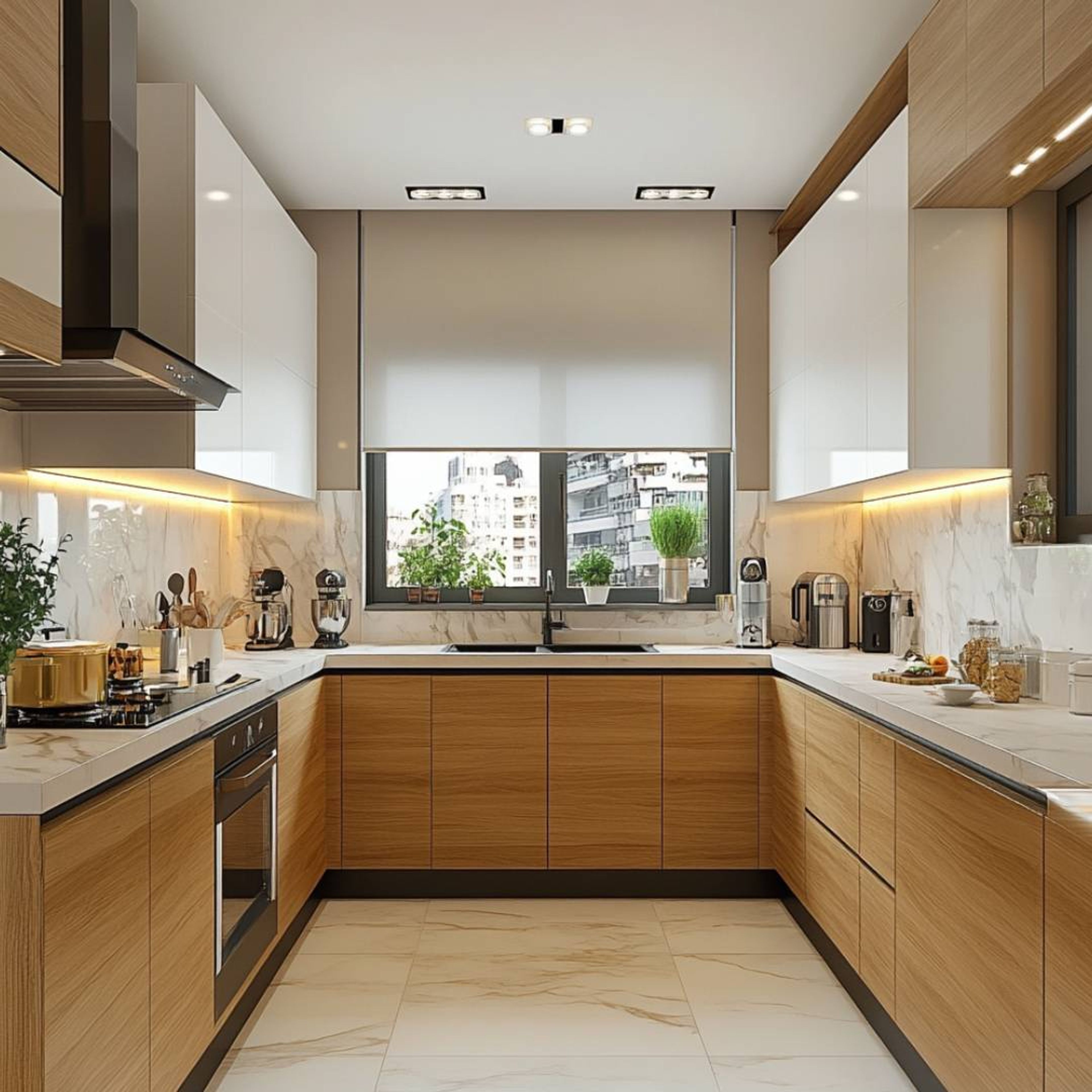 Modern kitchen with oak wood laminate, white high gloss laminate, and marble backsplash in Bengaluru | Material Depot
