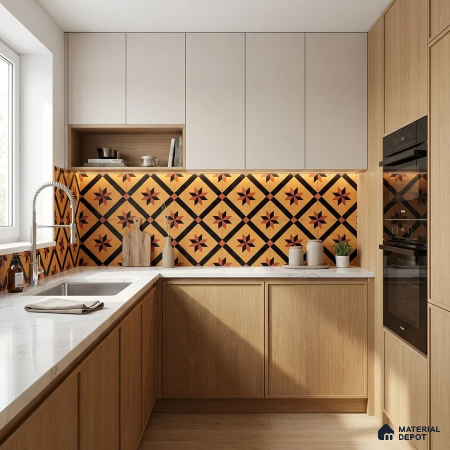 Modern kitchen with oak wood laminate, white marble countertop, and geometric patterned backsplash tiles