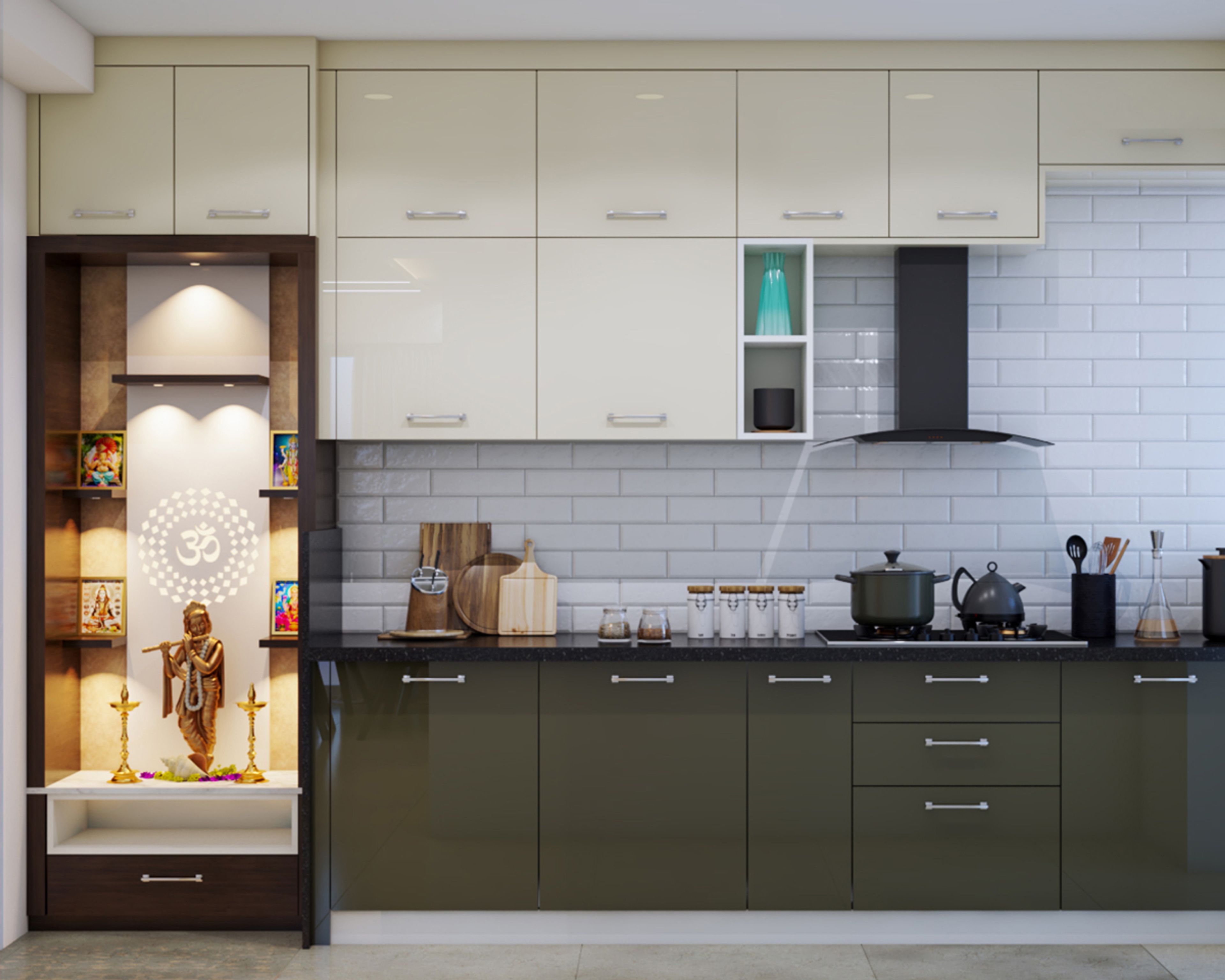 Modern kitchen with olive green and frosty white high gloss laminate, subway backsplash tile, and integrated pooja unit in Bengaluru | Material Depot