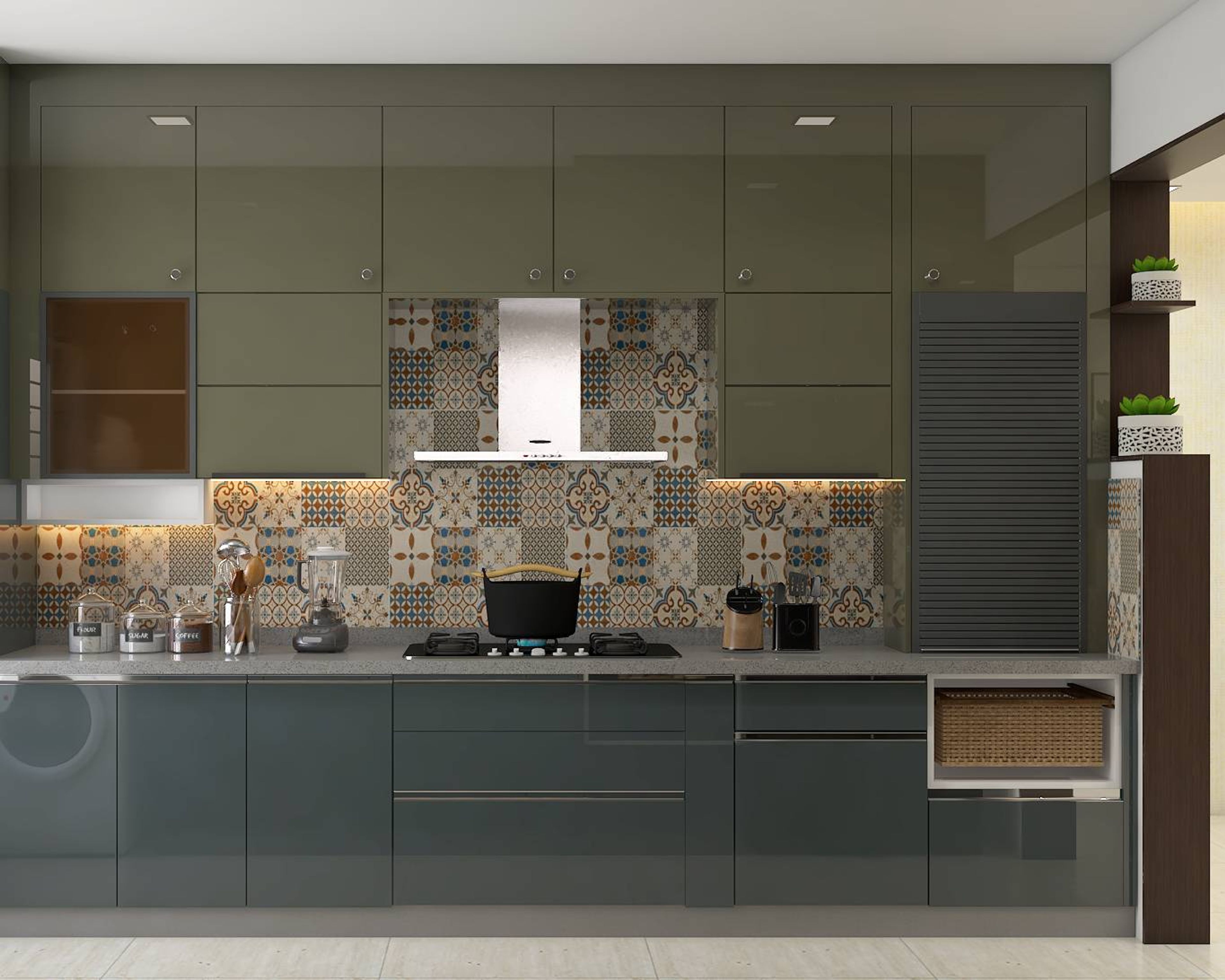 Modern kitchen with olive green and graphite grey glossy laminates, moroccan patterned backsplash tiles, and grey quartz countertop in Bengaluru | Material Depot
