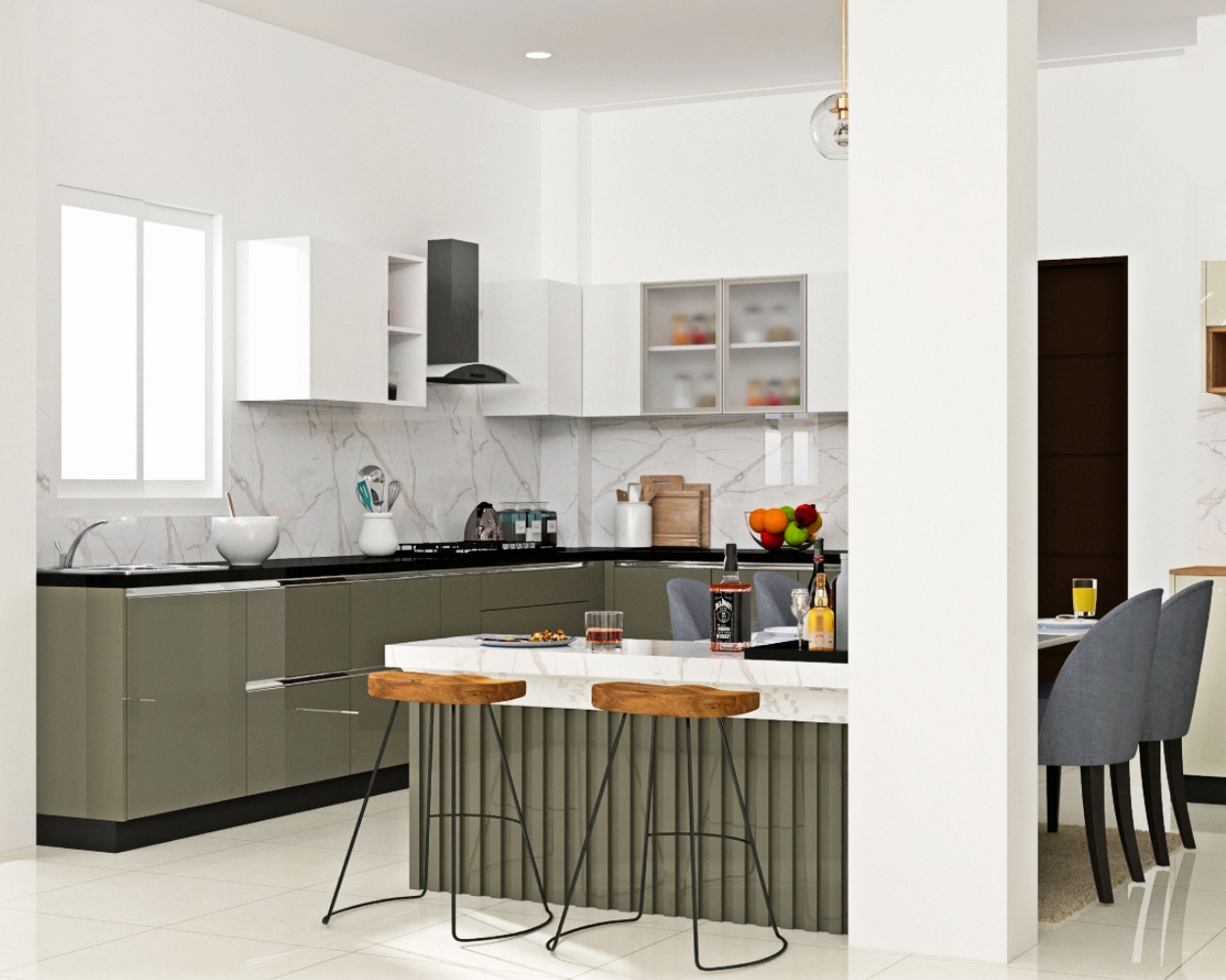 Modern kitchen with olive green and white laminate, marble-look backsplash, and breakfast island in Bengaluru | Material Depot