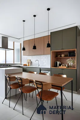 Modern kitchen with olive green and wood cabinetry, black accents, and minimalist design. | Material Depot