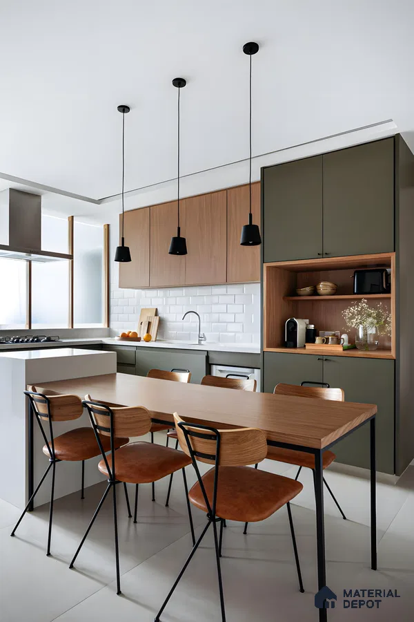 Modern kitchen with olive green and wood cabinetry, black accents, and minimalist design. | Material Depot