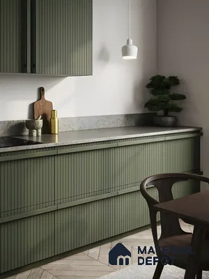 Modern Kitchen with Olive Green Fluted Cabinets and Natural Accents | Material Depot